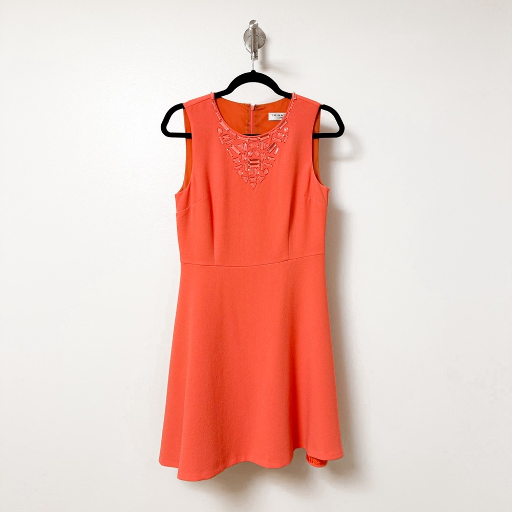 Trina Turk Josephine Clear Beaded Neckline‎ Chic Sleeveless Midi Dress Coral